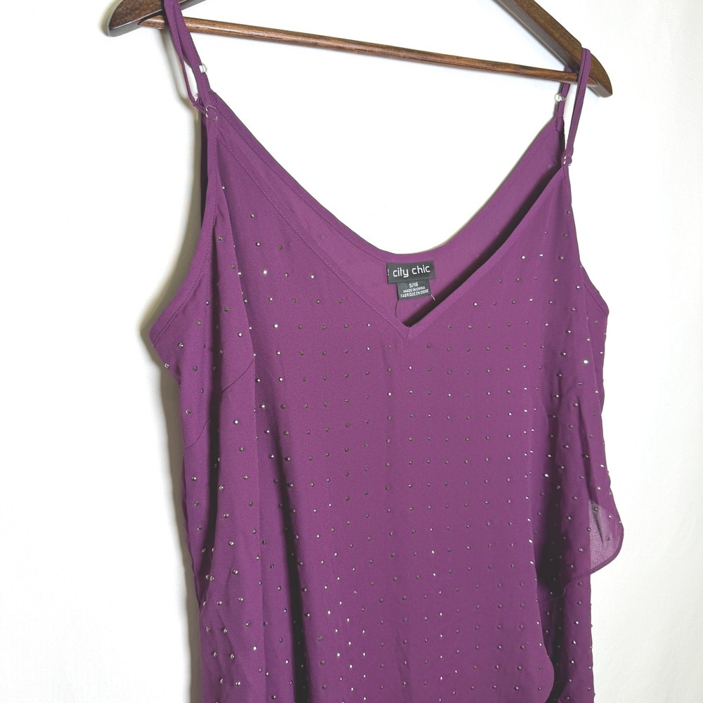 City Chic Mulberry Purple Studded Cami Hi Lo Shine V-Neck Top Size 16 NEW
